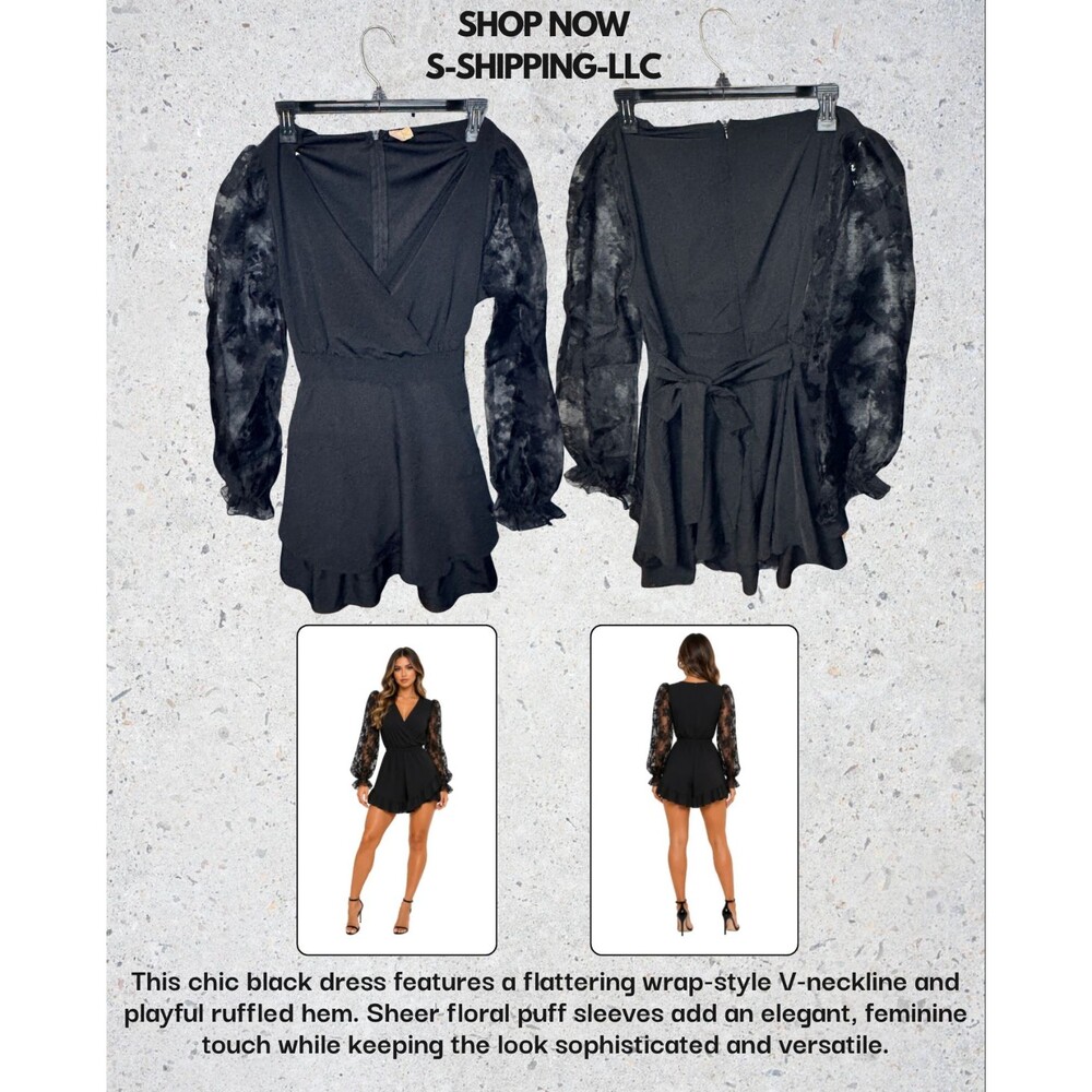 Women’s Black Dress with Sheer Floral Lace Long Sleeve